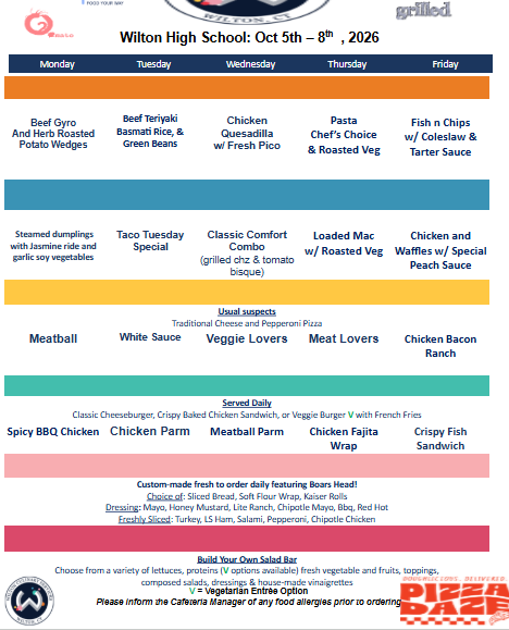 A school lunch menu for Wilton High School covering Monday through Friday, featuring daily meal options like beef gyro and fish and chips.